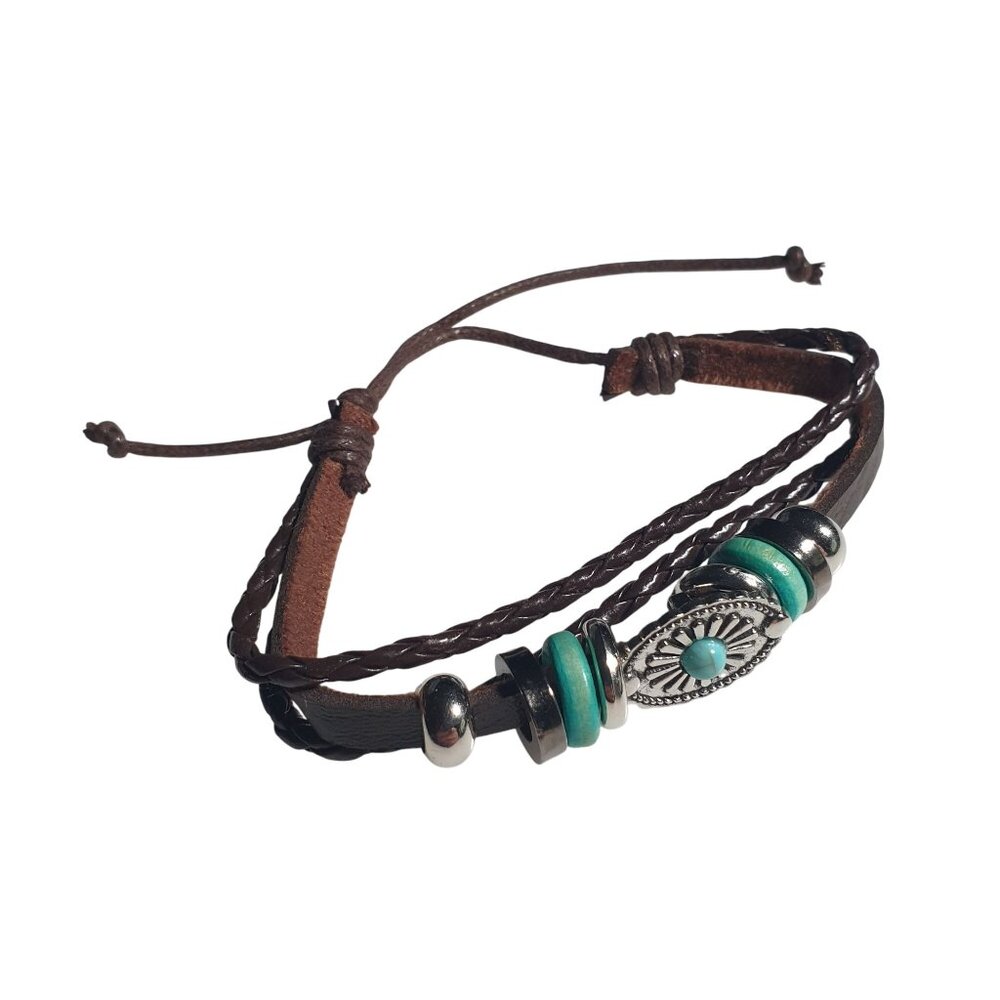 Brown Leather Bracelet Beads Silver Tone Adjustable Boho Design Handmade Unique